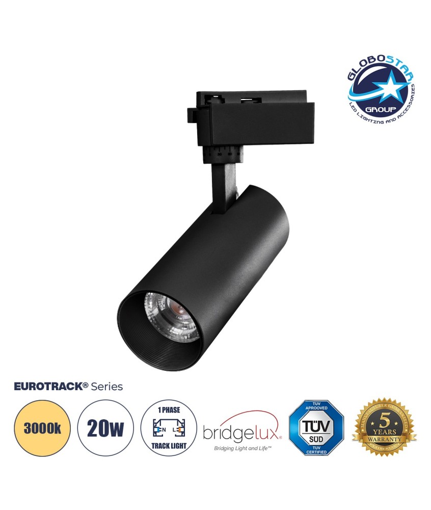 Globostar BEAMTRACK 60811 Μονοφασικό Φωτιστικό Σποτ Ράγας LED  20W 230V 2400lm 30° Acrylic HQ LENS AC 220-240V IP20 Φ6.2 x Υ15.8 cm Θερμό Λευκό 3000k - EUROTRACK® System 1L+1N - Μαύρο - Bridgelux Chip - TUV Certified Driver - 5 Χρόνια Εγγύηση